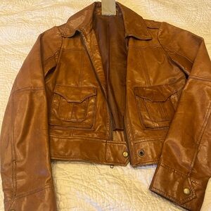 Brown crop leather jacket by Hinge